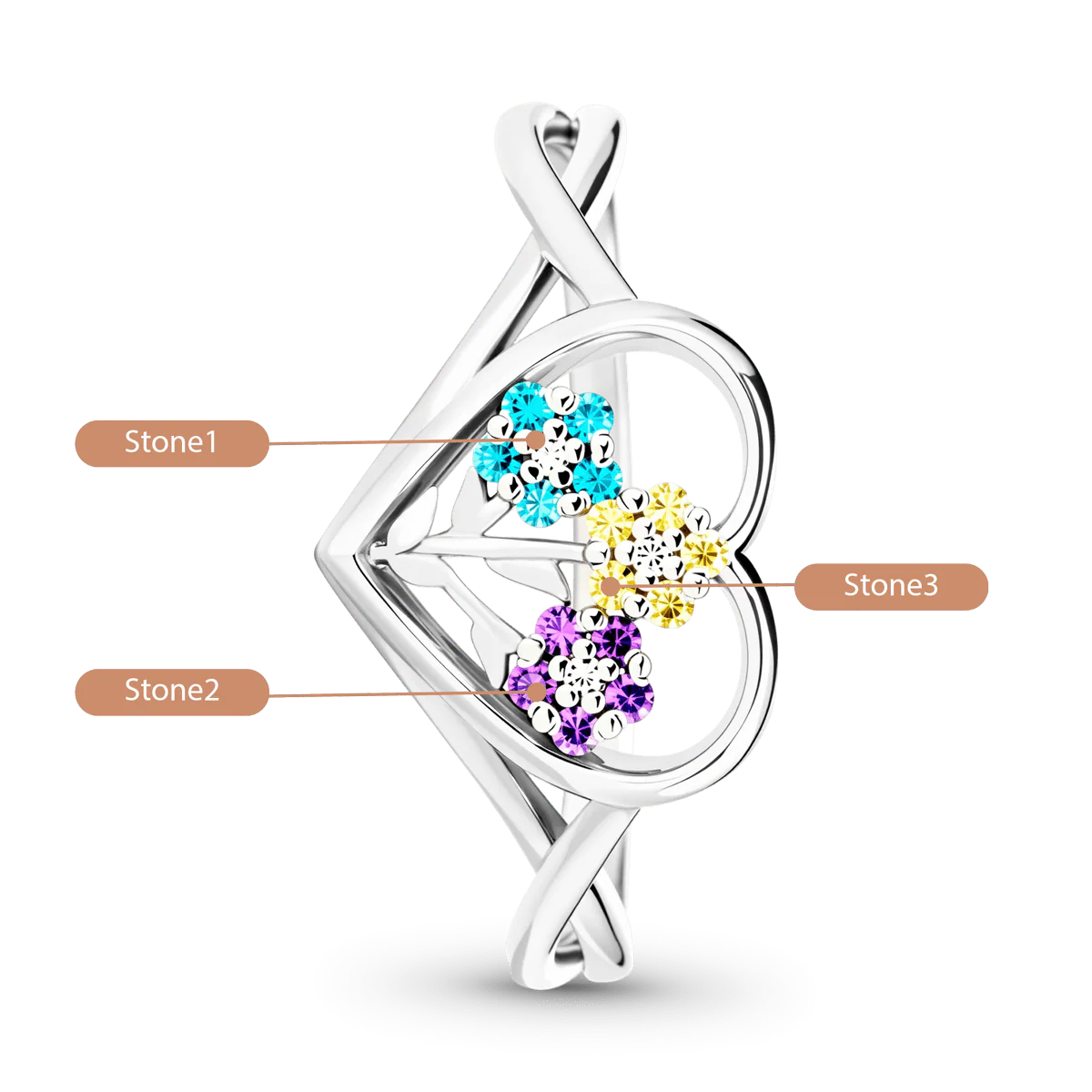 Gnoce Birthstones Flower Heart Ring Personalized Family Jewelry - Image 3