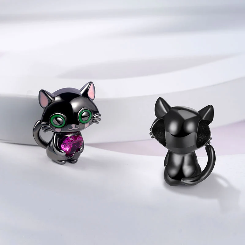 Gnoce Black Cat Embraces Heart Gemstone Charm Platinum-plated Silver Blend - Image 2