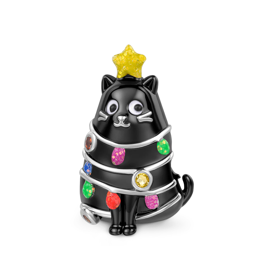 Gnoce Glow-in-the-Dark Black Cat Christmas Tree Charm Platinum-plated Silver Blend - Image 2
