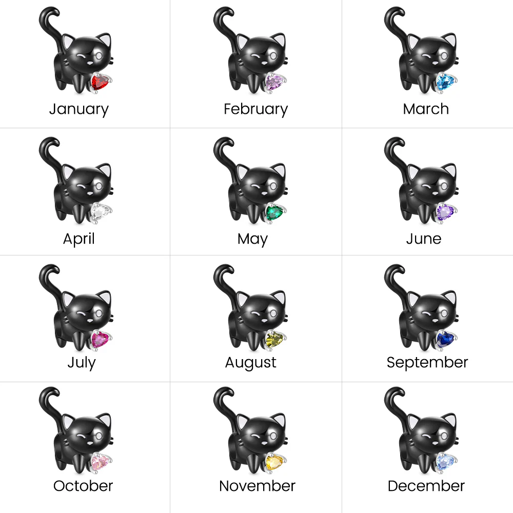 Gnoce Black Cat Heart Tail Birthstone Charm Platinum-plated Silver Blend - Image 5
