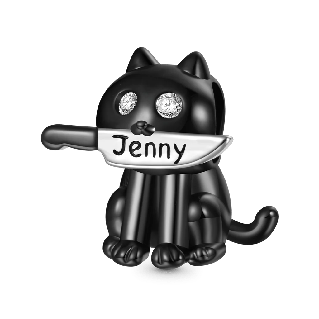 Gnoce Black Cat Engravable Knife Charm Platinum-plated Silver Blend