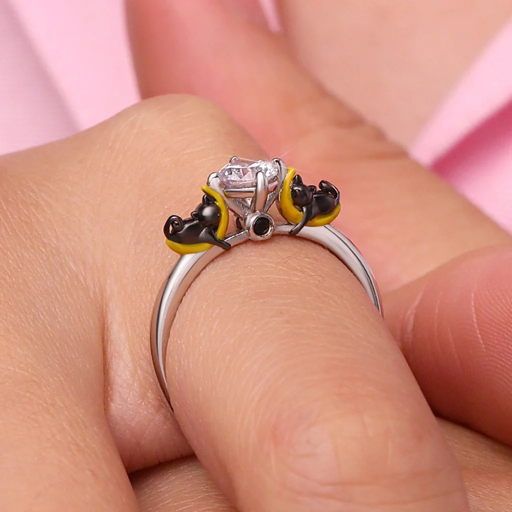 Gnoce Black Cat Moon White Diamond Ring Platinum-plated Silver Blend - Image 5