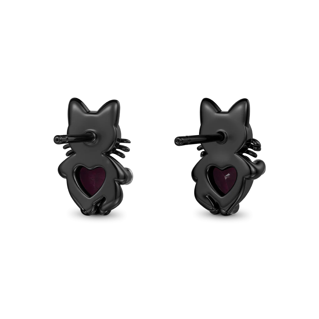 Gnoce Black Cat Embrace Heart Stud Earrings Platinum-plated Silver Blend - Image 4