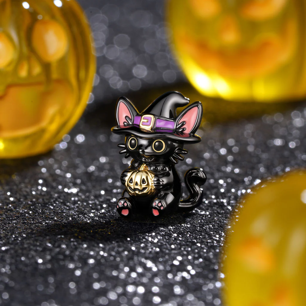 Gnoce Black Cat Wizard Embrace Pumpkin Charm Platinum-plated Silver Blend - Image 3