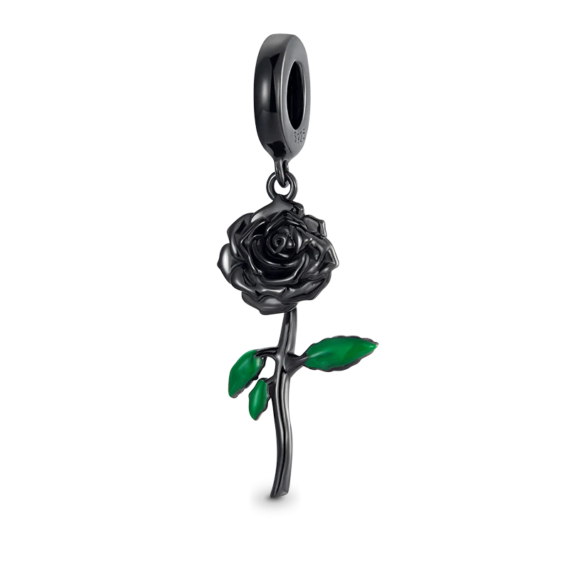 Black Rose Flower Pendant Dangle Charm 925 Sterling Silver with Enamels