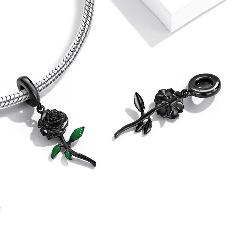 Black Rose Flower Pendant Dangle Charm 925 Sterling Silver with Enamels - Image 2