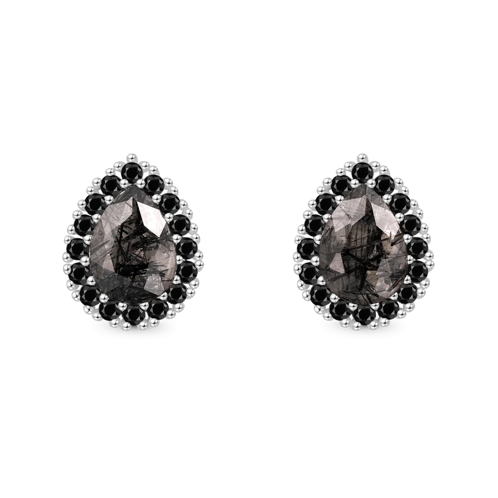 Gnoce Pear Black Rutilated Quartz Stud Earrings Platinum-plated Silver Blend