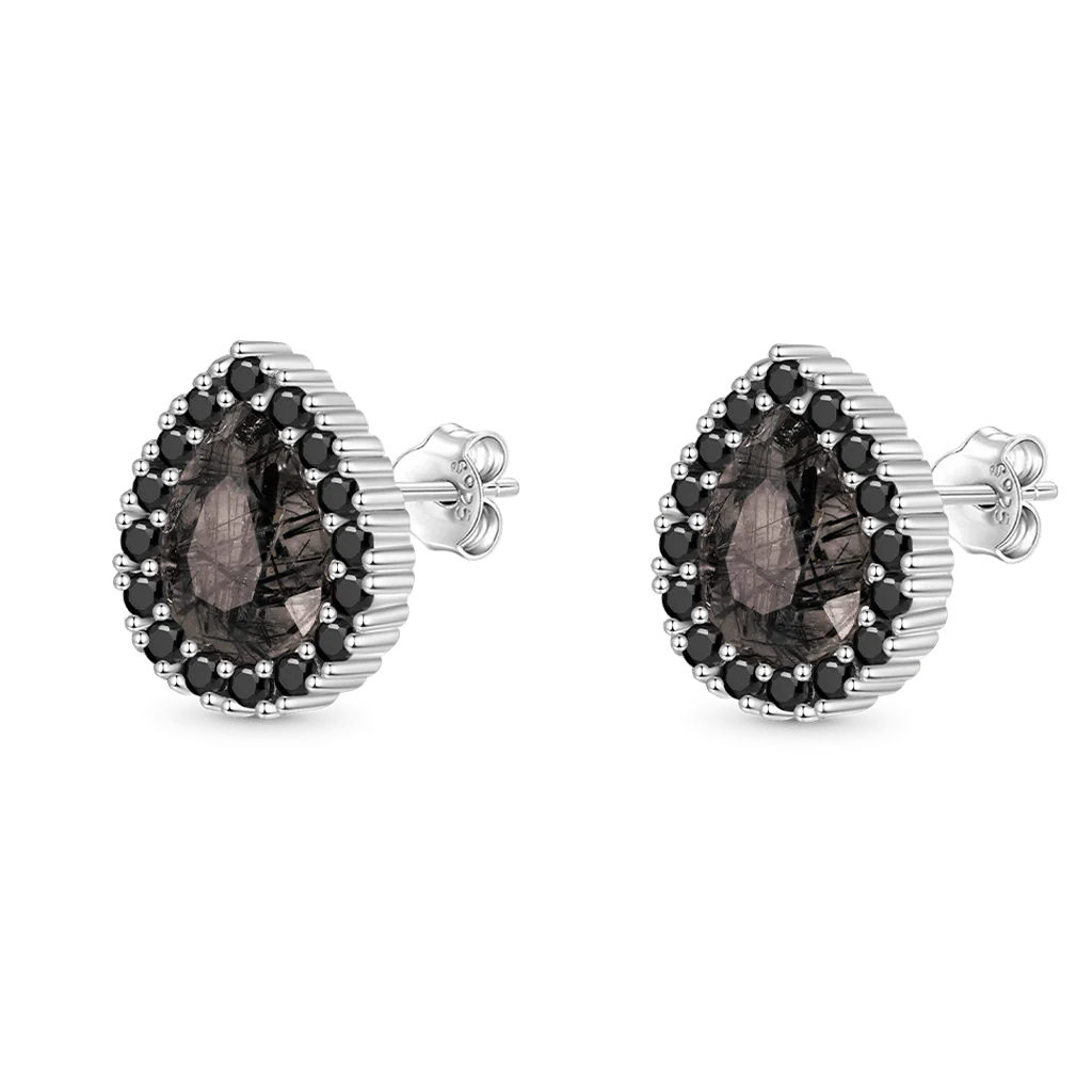 Gnoce Pear Black Rutilated Quartz Stud Earrings Platinum-plated Silver Blend - Image 2