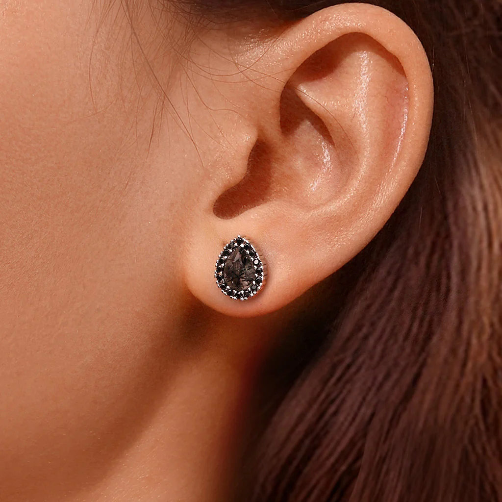 Gnoce Pear Black Rutilated Quartz Stud Earrings Platinum-plated Silver Blend - Image 5
