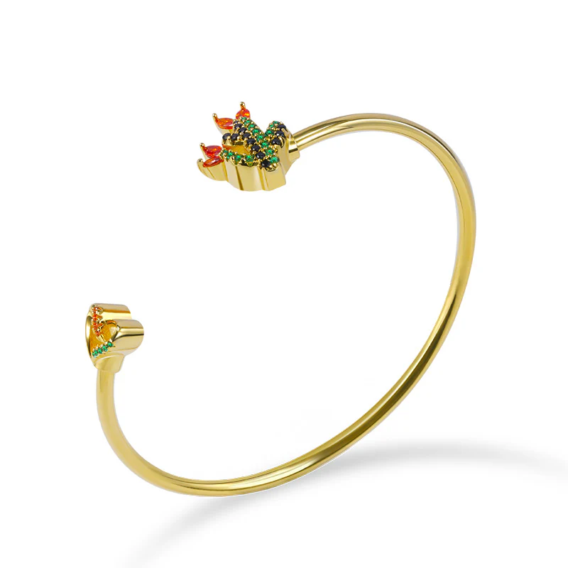 Blooming Cactus Bangle Bracelet 925 Sterling Silver 18K Gold Plated Inlaid with Colorful Gemstones - Image 2