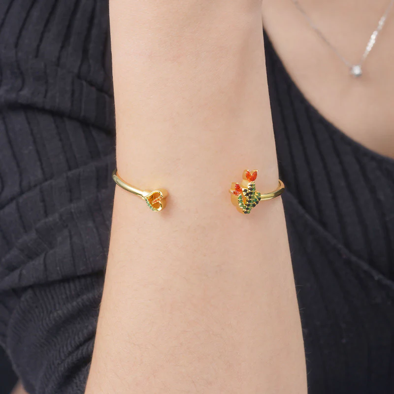 Blooming Cactus Bangle Bracelet 925 Sterling Silver 18K Gold Plated Inlaid with Colorful Gemstones - Image 3