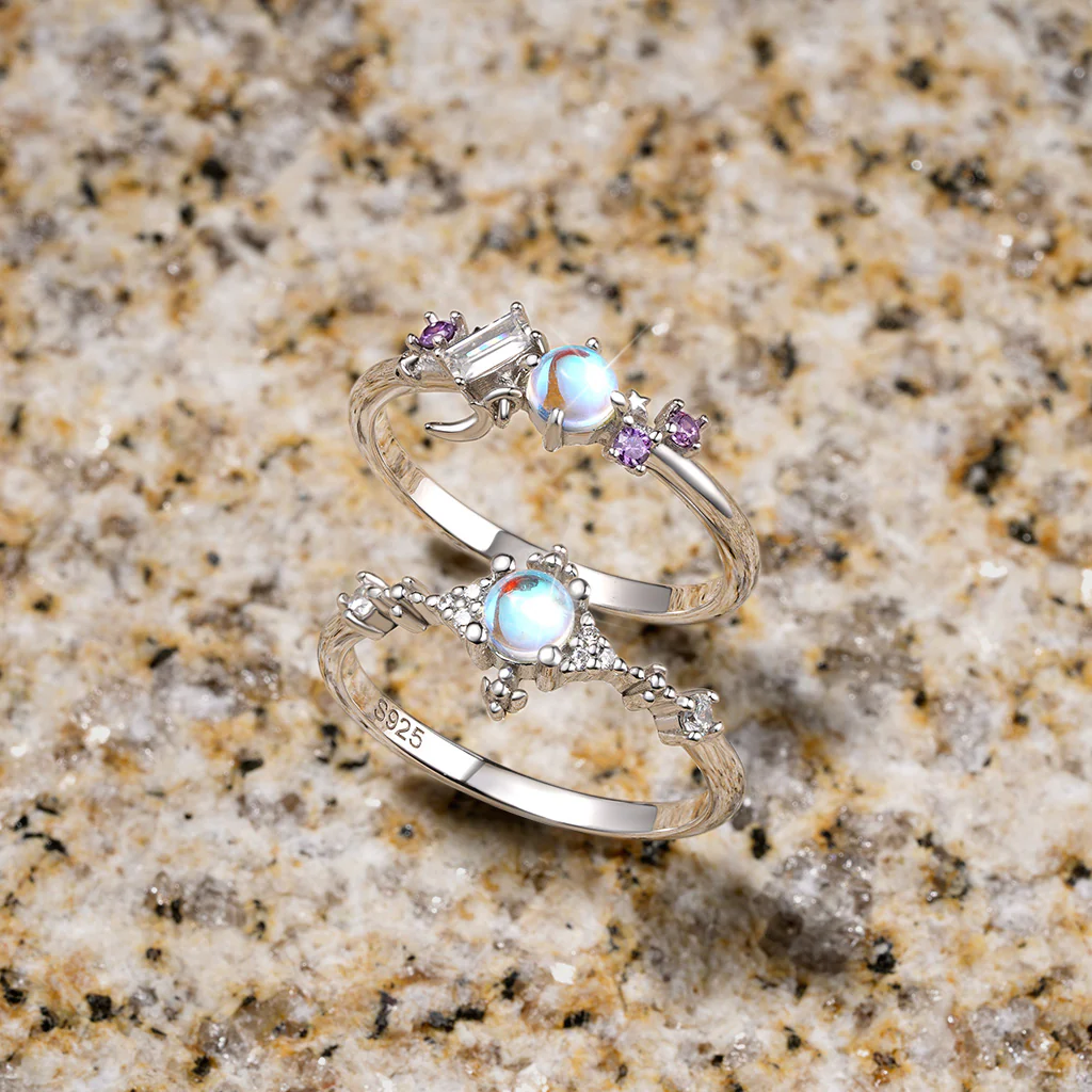 Gnoce Blue Fire Moonstone Ring Platinum-plated Silver Blend - Image 3
