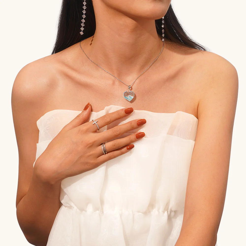 Gnoce Blue Liquid Glitter Heart Necklace Platinum-plated Silver Blend - Image 3
