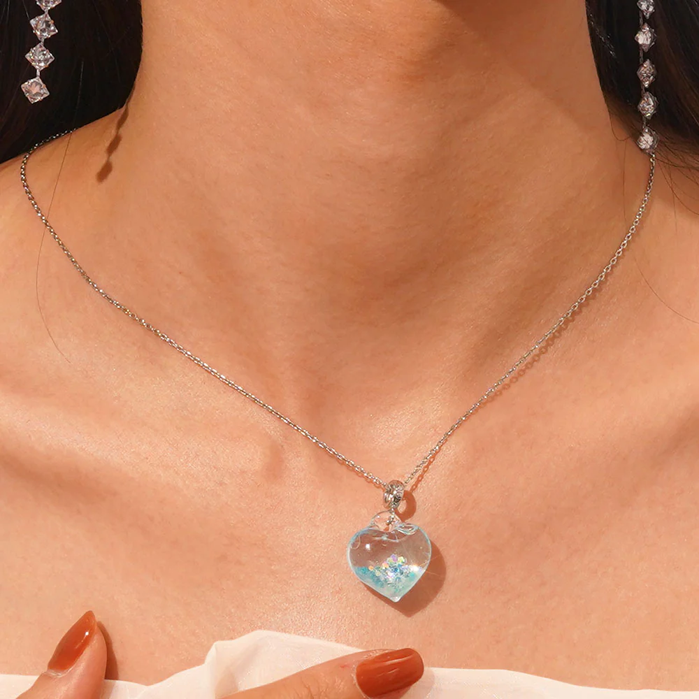 Gnoce Blue Liquid Glitter Heart Necklace Platinum-plated Silver Blend - Image 4