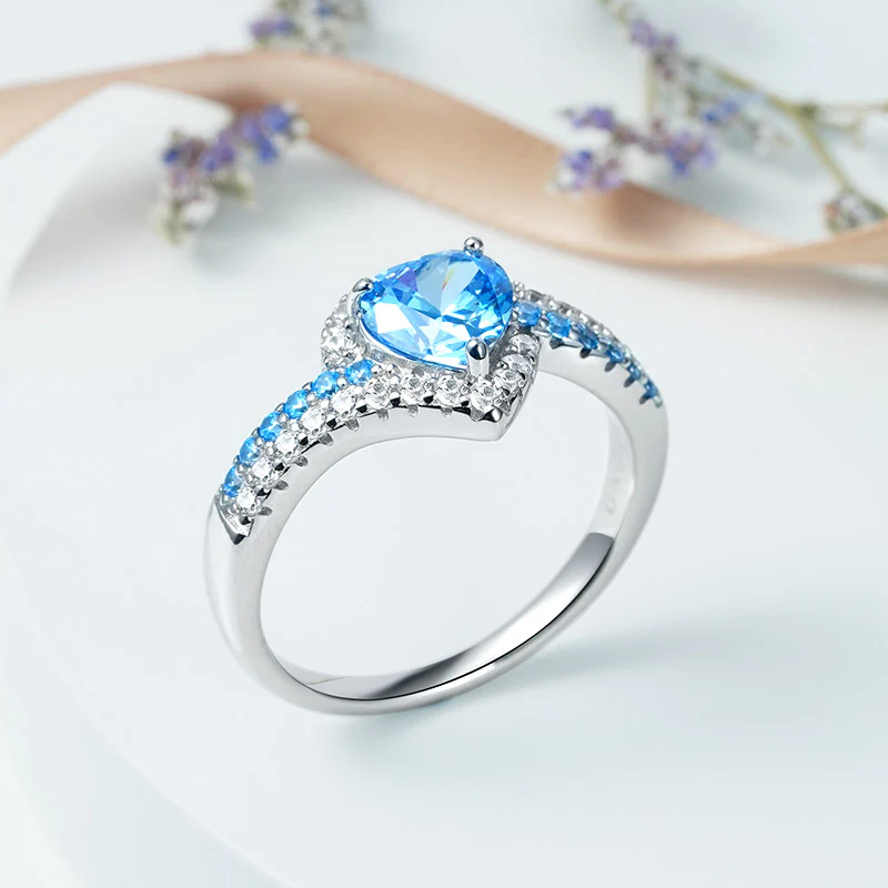 Gnoce Blue Heart-cut Promise Ring Platinum-plated Silver Blend - Image 3