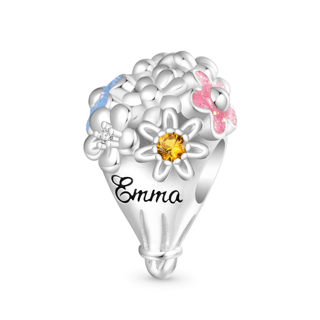 Gnoce Engravable Flowers Bouquet Charm Platinum-plated Silver Blend