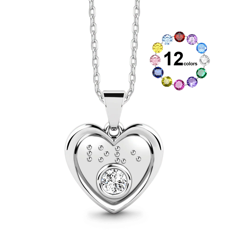 Gnoce Braille Heart Necklace with Custom Birthstone