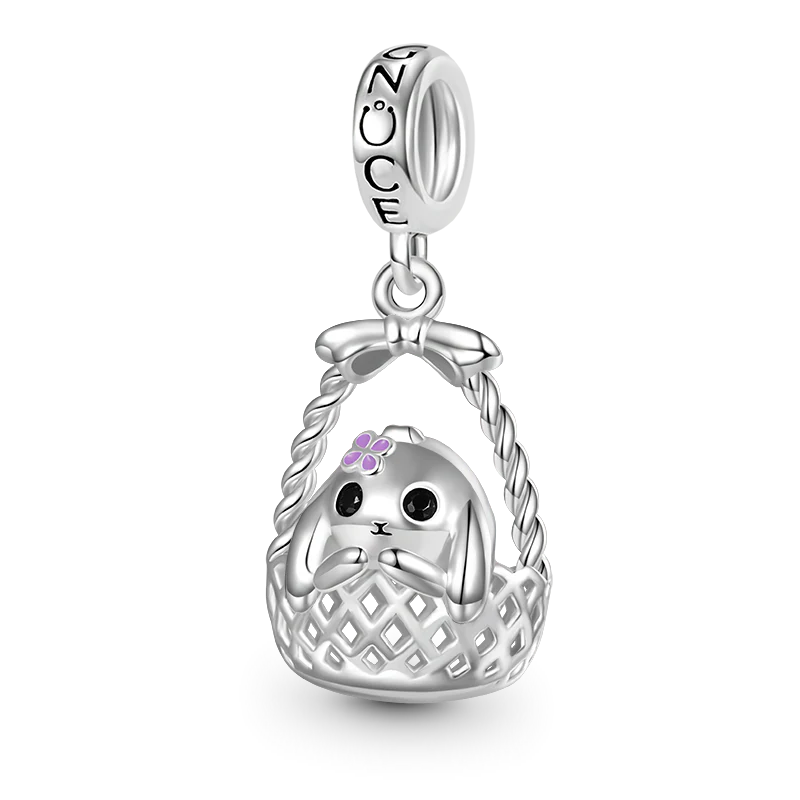 Gnoce Bunny in Basket Easter Gift Charm Platinum-plated Silver Blend
