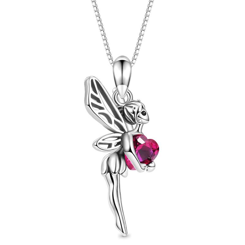 Gnoce Butterfly Fairy Embraces Heart Gemstone Necklace Platinum-plated Silver Blend