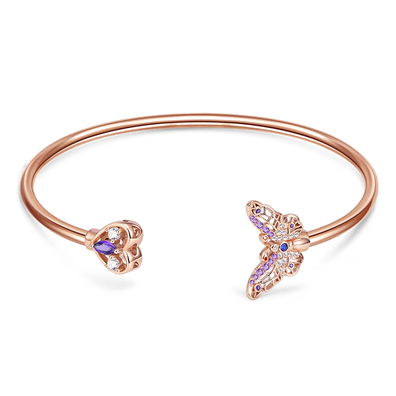 Butterfly & Love Heart Open Bangle Bracelet Lead-free ECO Copper 18K Rose Gold Plated Inlaid with Colorful CZ Stones
