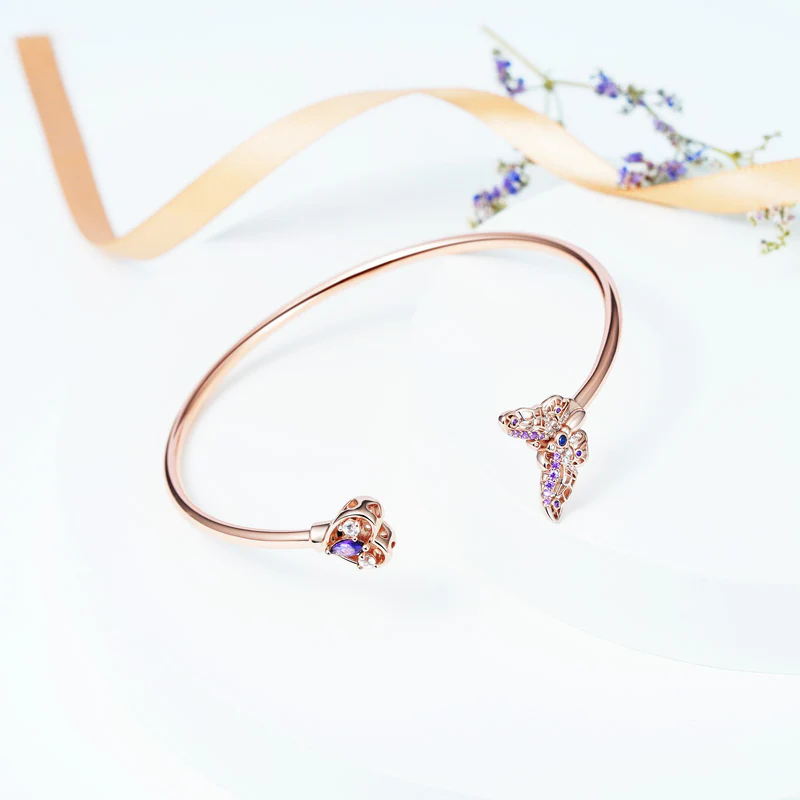 Butterfly & Love Heart Open Bangle Bracelet Lead-free ECO Copper 18K Rose Gold Plated Inlaid with Colorful CZ Stones - Image 2