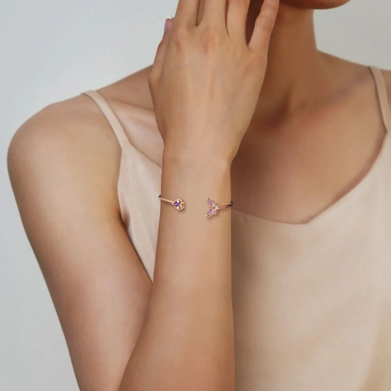 Butterfly & Love Heart Open Bangle Bracelet Lead-free ECO Copper 18K Rose Gold Plated Inlaid with Colorful CZ Stones - Image 3