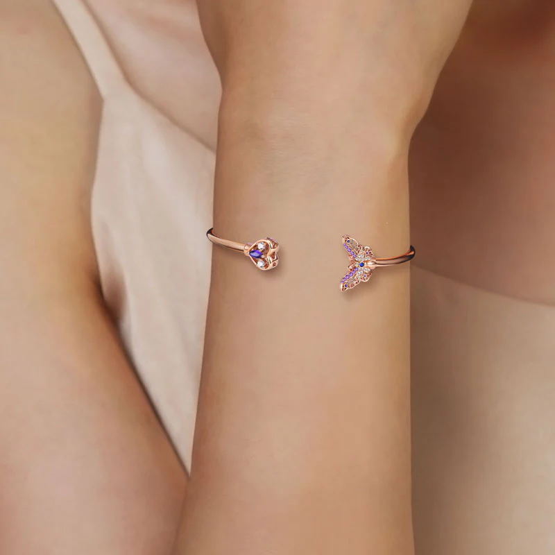Butterfly & Love Heart Open Bangle Bracelet Lead-free ECO Copper 18K Rose Gold Plated Inlaid with Colorful CZ Stones - Image 4