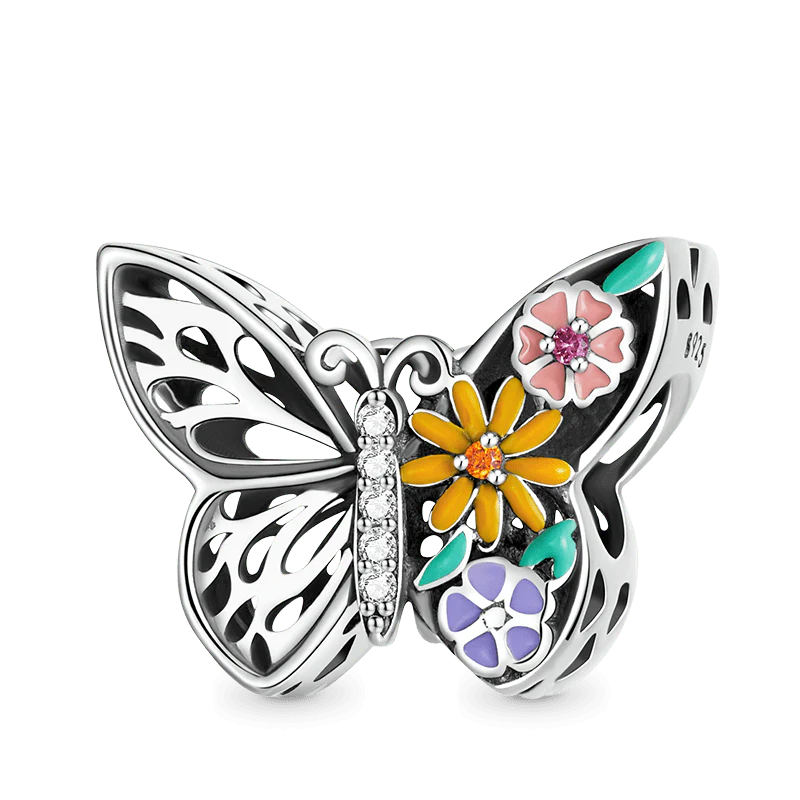 "Butterfly Loves Flowers" Charm Bead 925 Sterling Silver with Colorful Enamels