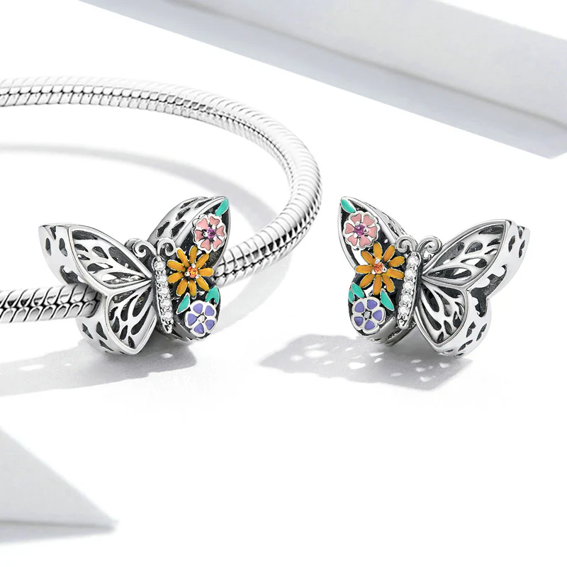 "Butterfly Loves Flowers" Charm Bead 925 Sterling Silver with Colorful Enamels - Image 2