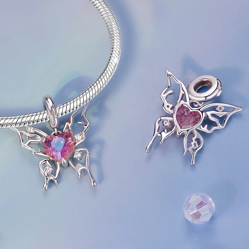 Gnoce Pink Heart Butterfly Pendant Dangle Charm - Image 2