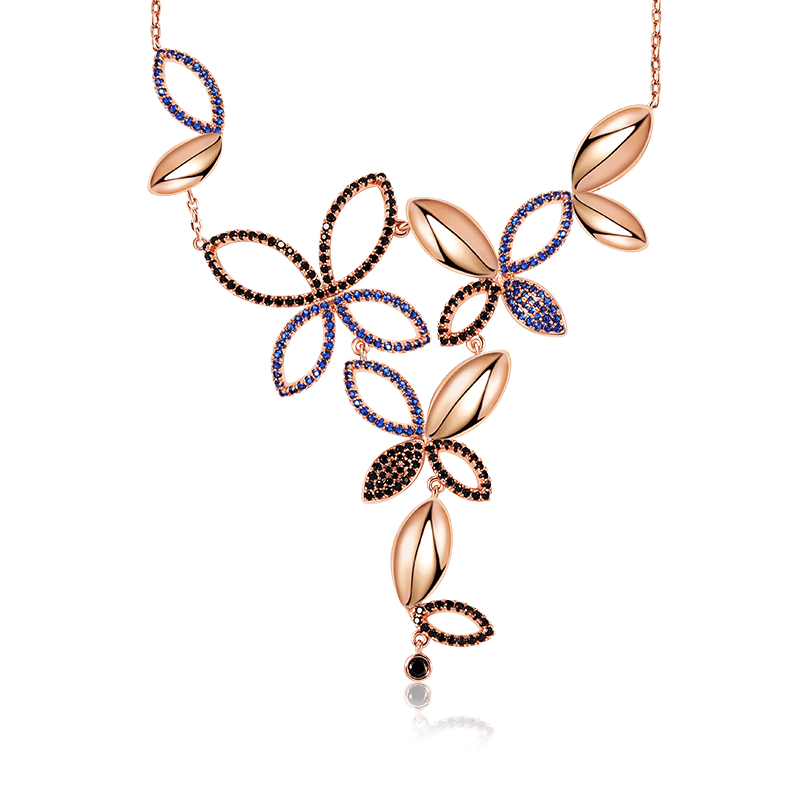 Butterfly Petals Necklace Copper 18K Rose Gold Plated Inlaid with Black & Blue CZ Stones