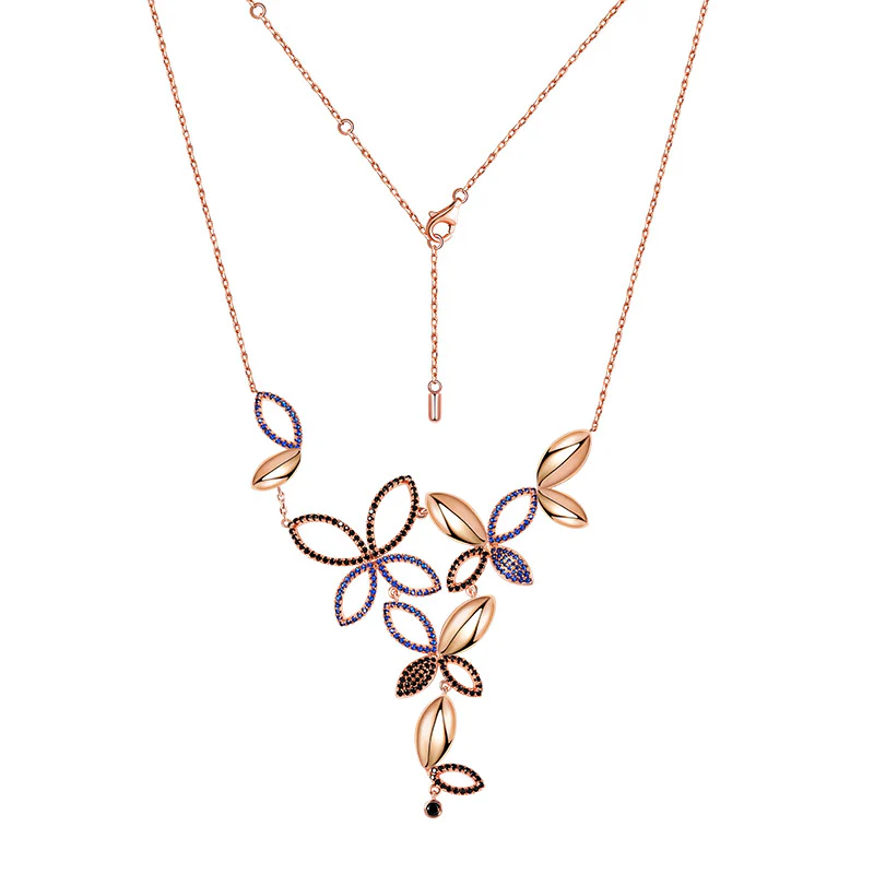 Butterfly Petals Necklace Copper 18K Rose Gold Plated Inlaid with Black & Blue CZ Stones - Image 2