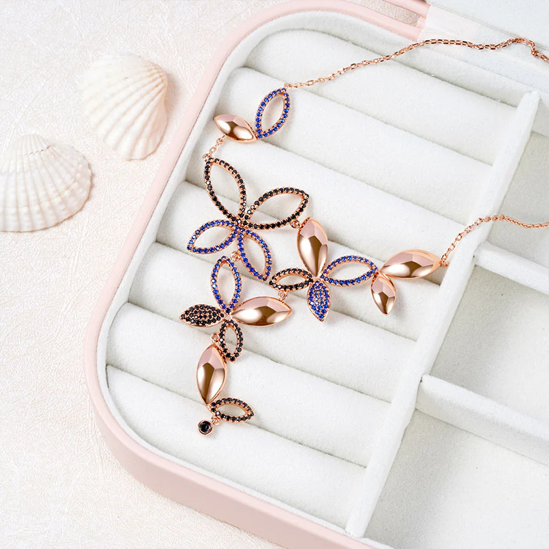Butterfly Petals Necklace Copper 18K Rose Gold Plated Inlaid with Black & Blue CZ Stones - Image 3
