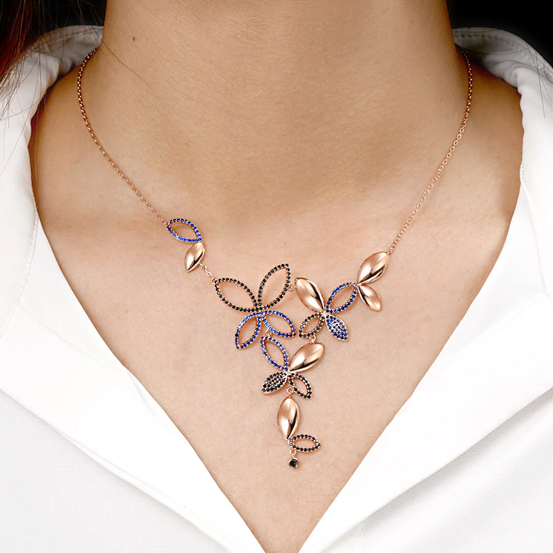 Butterfly Petals Necklace Copper 18K Rose Gold Plated Inlaid with Black & Blue CZ Stones - Image 4
