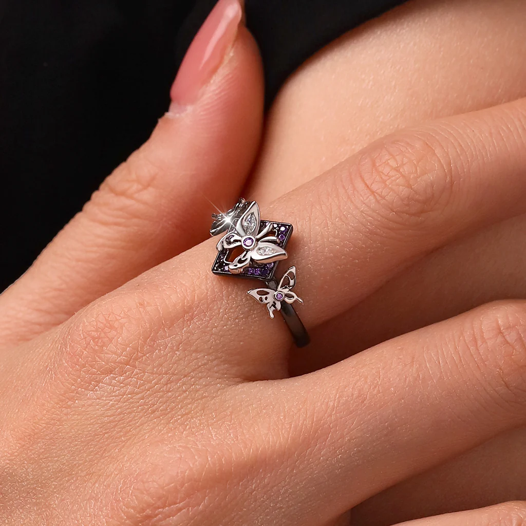 Gnoce Dark Triple Butterfly Rhombus Ring Platinum-plated Silver Blend - Image 2