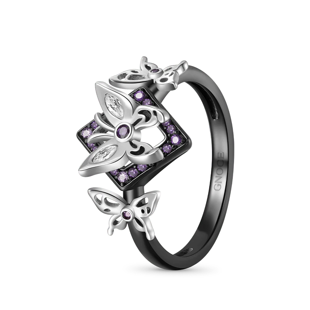 Gnoce Dark Triple Butterfly Rhombus Ring Platinum-plated Silver Blend - Image 4