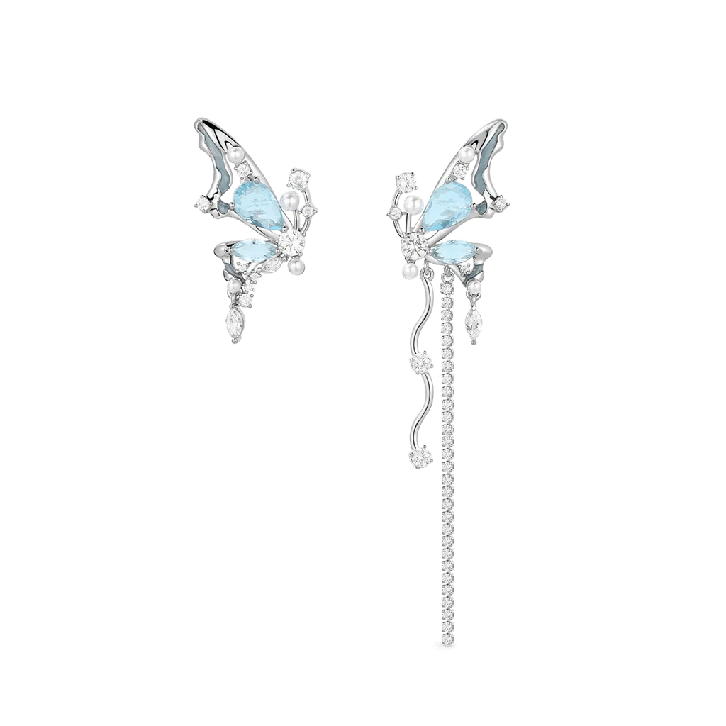 Gnoce Blue Crystal Butterfly Tassel Asymmetric Ear Clips