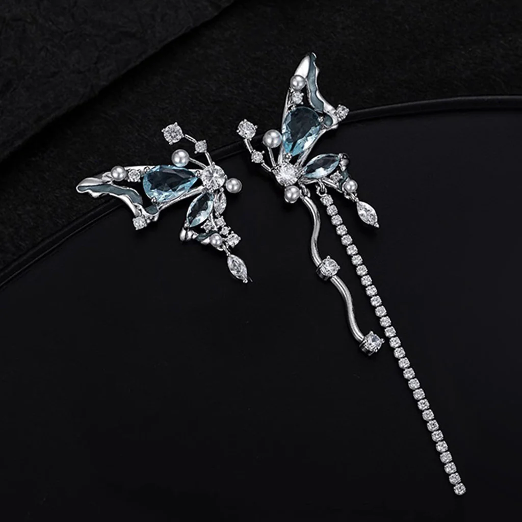 Gnoce Blue Crystal Butterfly Tassel Asymmetric Ear Clips - Image 2