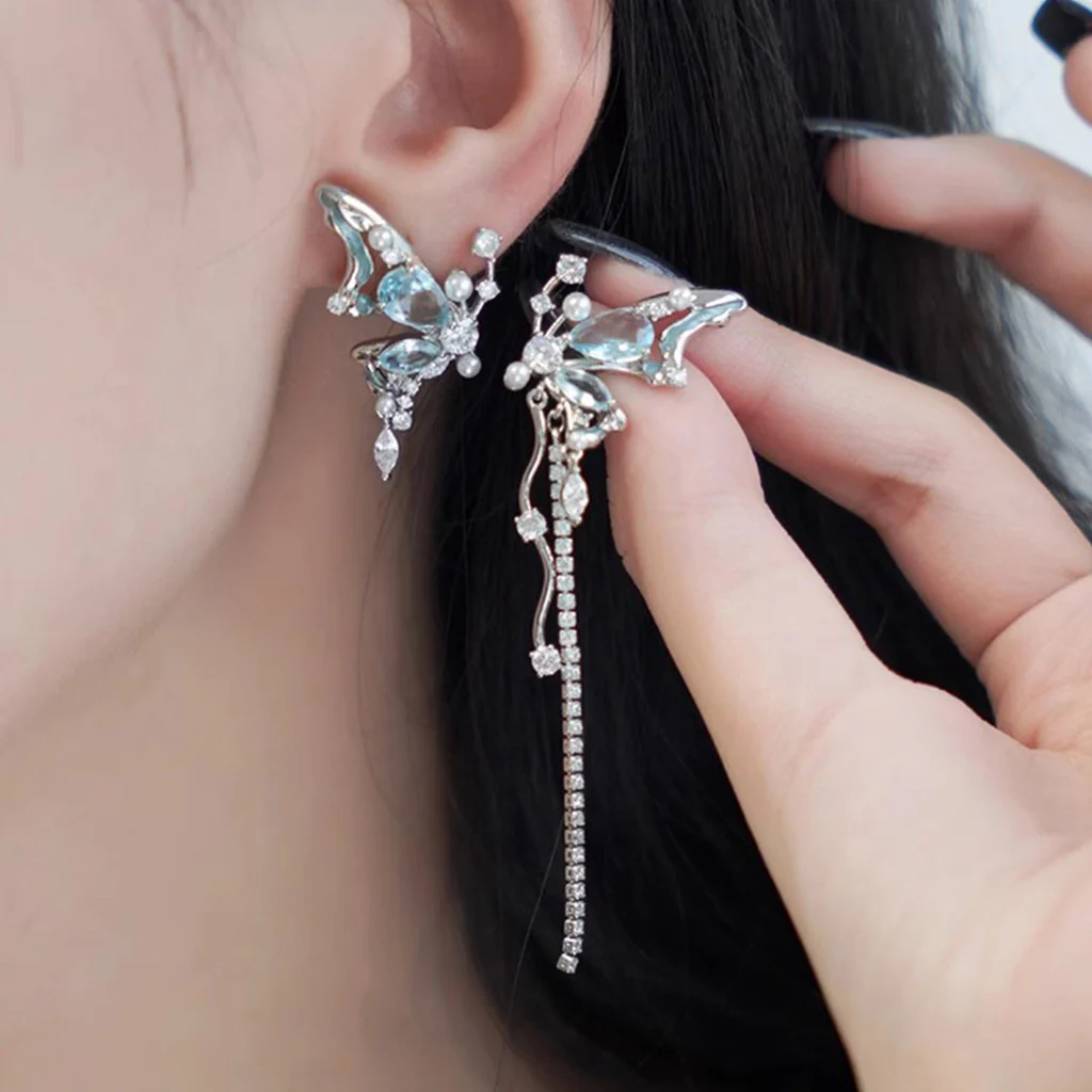 Gnoce Blue Crystal Butterfly Tassel Asymmetric Ear Clips - Image 3