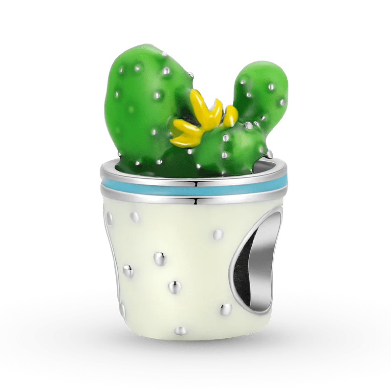 Cactus Charm Bead 925 Sterling Silver with Green and White Enamels
