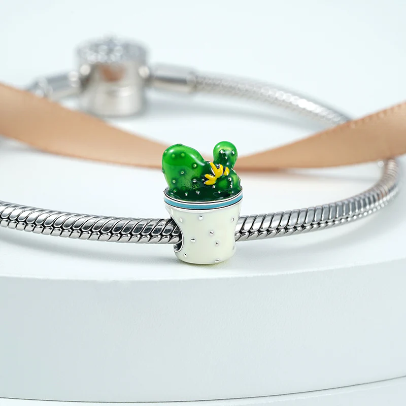 Cactus Charm Bead 925 Sterling Silver with Green and White Enamels - Image 2