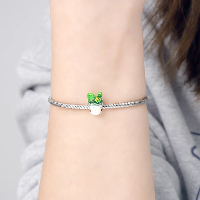 Cactus Charm Bead 925 Sterling Silver with Green and White Enamels - Image 3