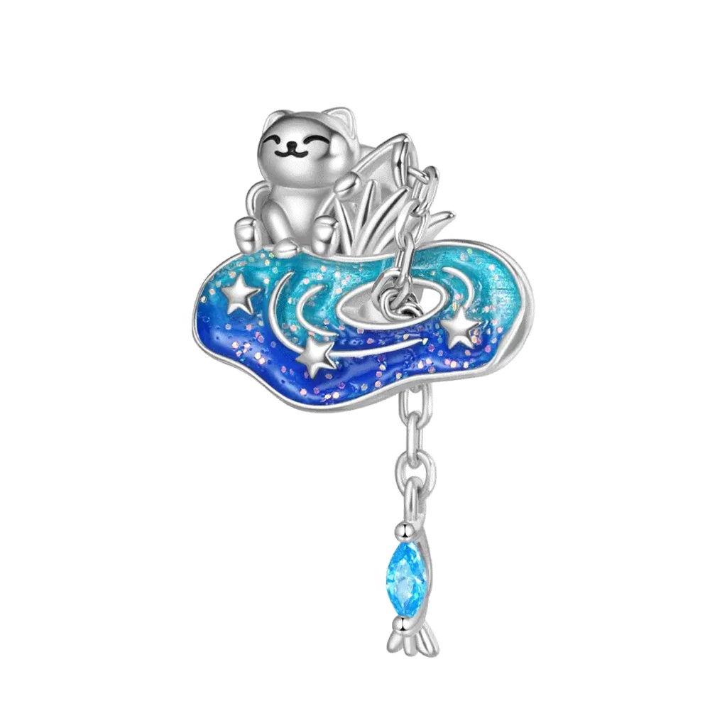 Gnoce Cat Fishing Glow-in-the-Dark Charm Platinum-plated Silver Blend