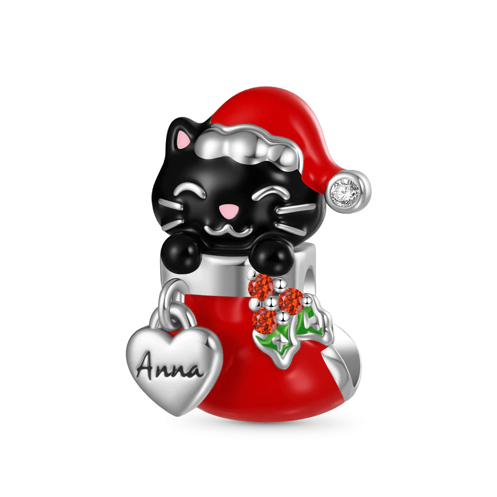 Gnoce Engravable Name Cat in Stocking Charm Platinum-plated Silver Blend