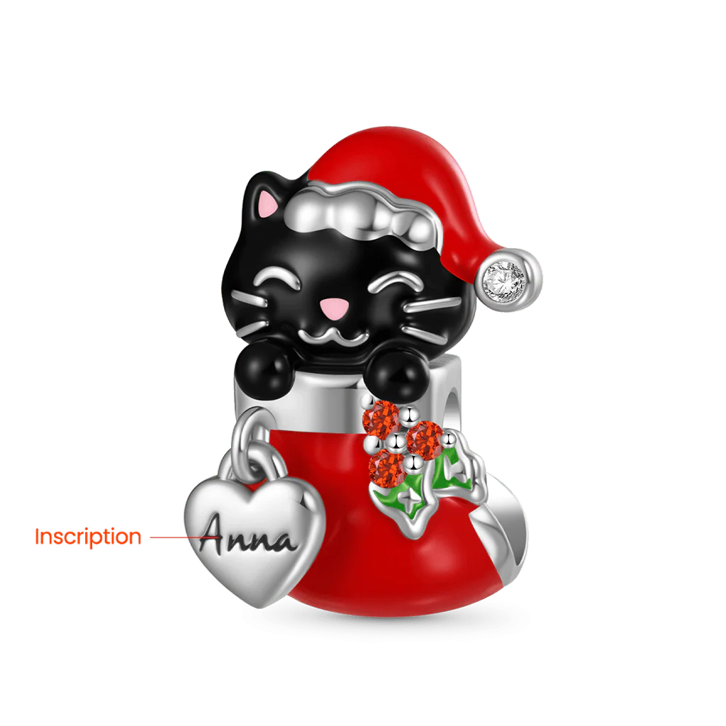 Gnoce Engravable Name Cat in Stocking Charm Platinum-plated Silver Blend - Image 2