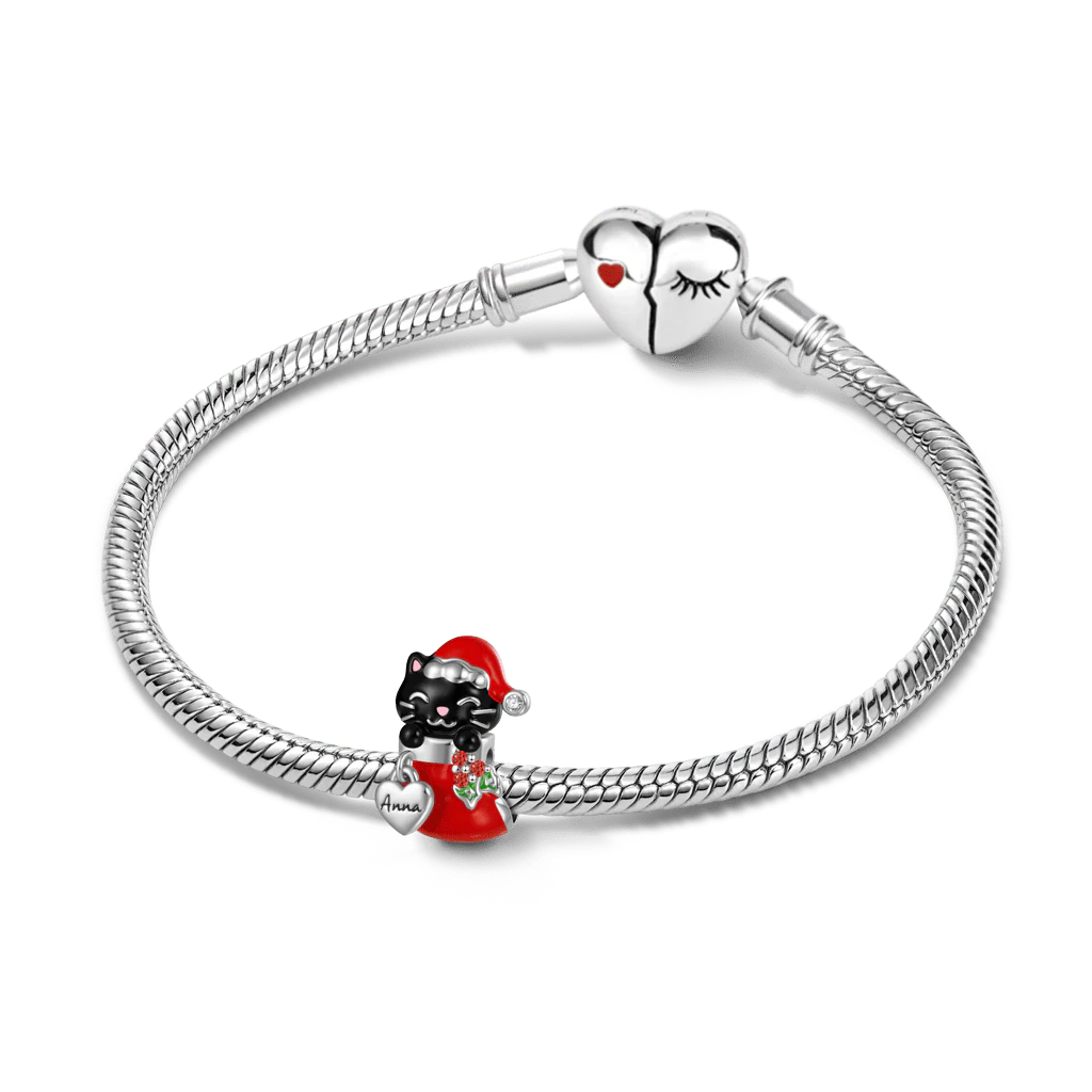 Gnoce Engravable Name Cat in Stocking Charm Platinum-plated Silver Blend - Image 4
