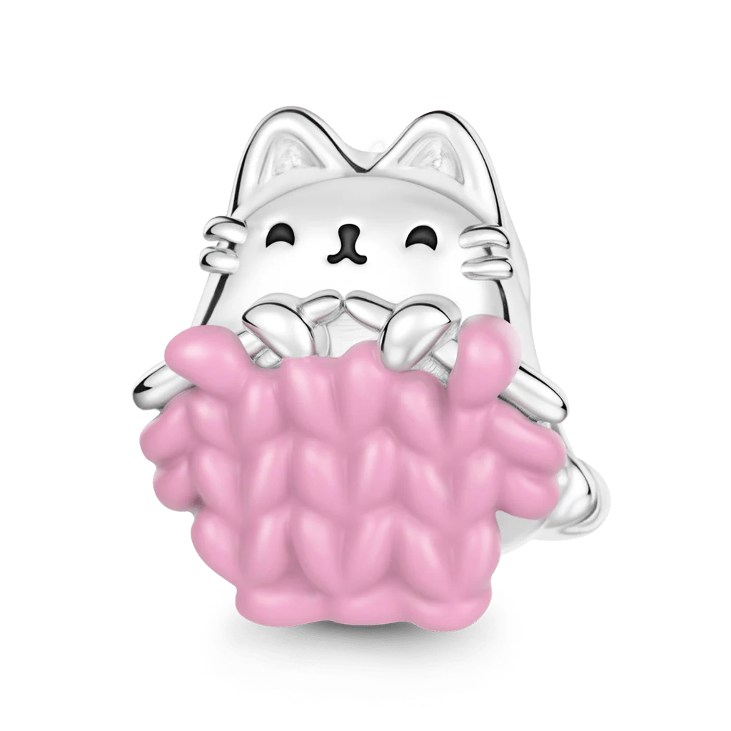 Gnoce Cat Knitting a Sweater Charm Platinum-plated Silver Blend