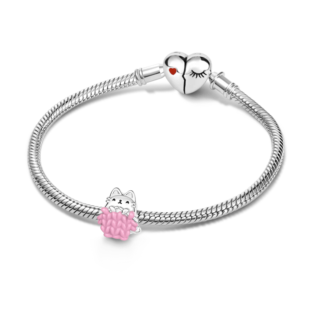 Gnoce Cat Knitting a Sweater Charm Platinum-plated Silver Blend - Image 3