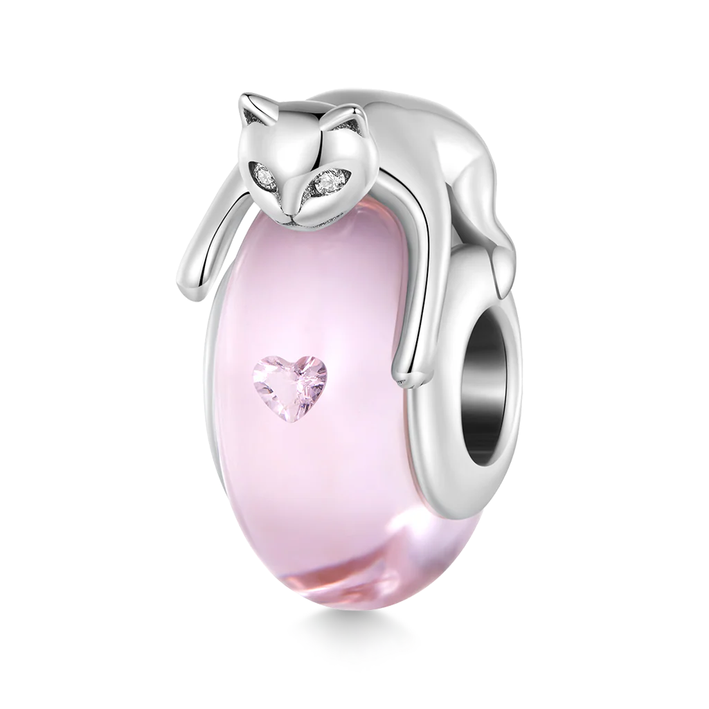 Gnoce Cute Cat Lying on Pink Glass Charm