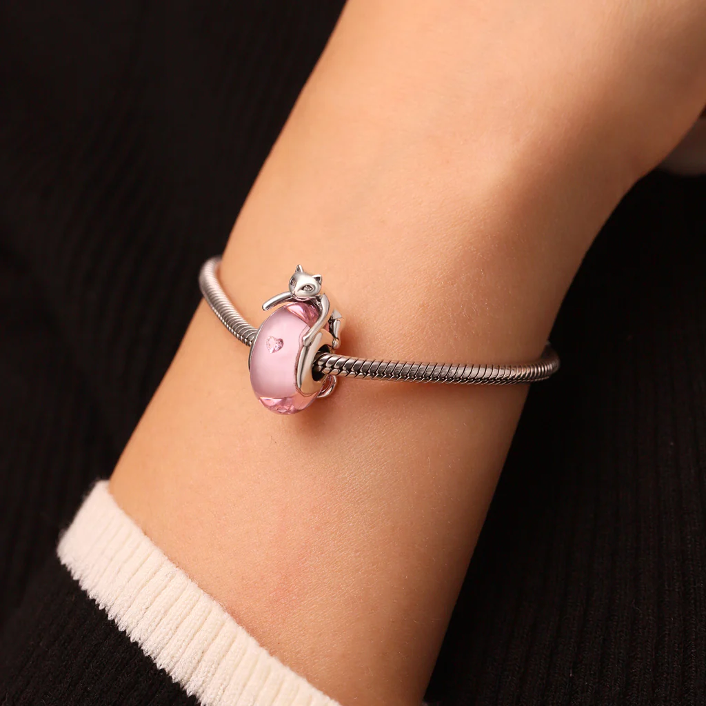 Gnoce Cute Cat Lying on Pink Glass Charm - Image 5